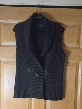 Chaps Brown Ribbed Knit Sweater Vest Shawl Collar Sleeveless Women's Medium GUC
